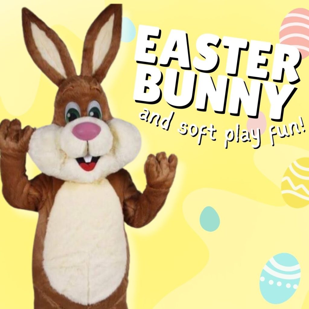 A yellow background with the Easter Bunny