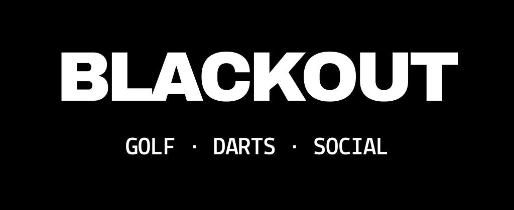 A black background with bold text 'Blackout' underneath is the sub text 'Golf Darts Social'
