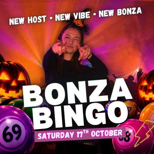 a purple and orange background with woman wearing a halloween handband and pointing towards the camera smiling. Has the words Bonza Bingo, Saturday 17th October. New Host. New Vibe. New Bonza