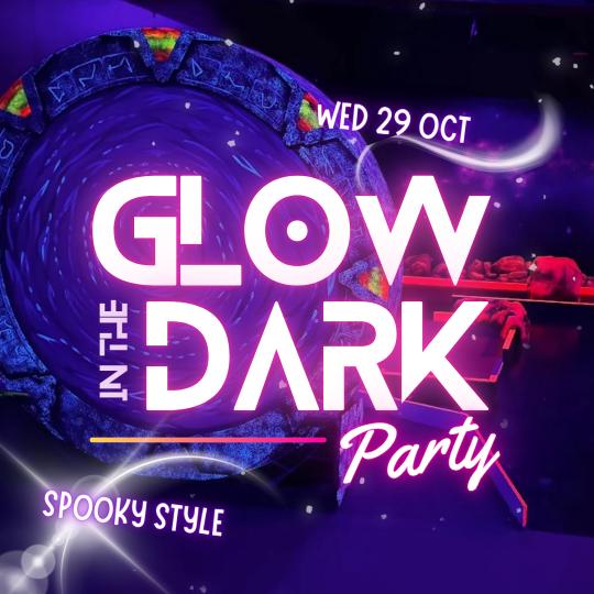 Neon golf course background with text 'Glow in the dark party' Wed 29 Oct